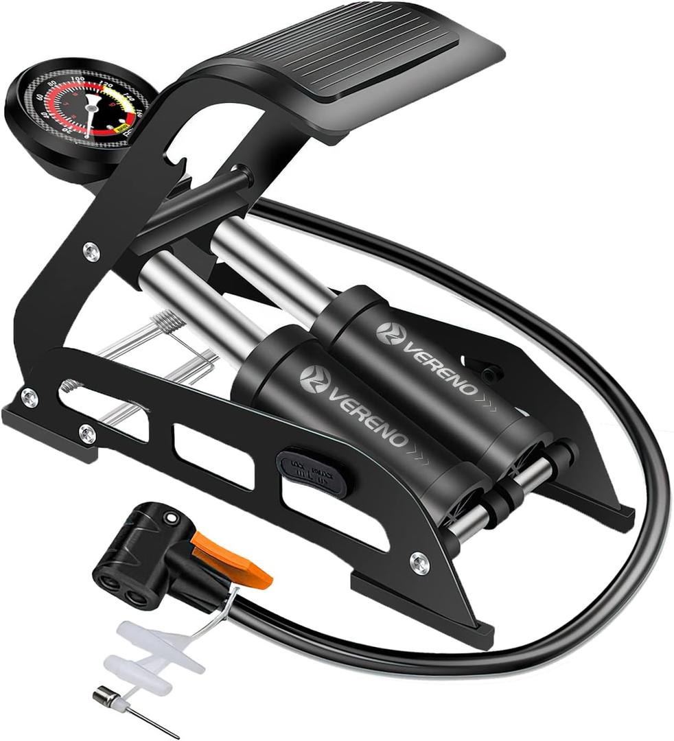 VERENO Double Barrel Bike Floor Foot Pump,Portable Air Pump Inflator Pump with 160PSI Precision Pressure Gauge Fits Presta Schrader and Deutschland Valve for Bicycle,Ball,Scooter,Car,Toys Inflatable (Black)