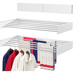 Wall Mounted Drying Rack 40", Foldable Laundry Drying Rack with Stainless Steel Rods, Retractable Laundry Space Saver for Indoor & Outdoor Use, Include Wall Template (White)
