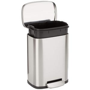 Amazon Basics MINI Trash Can, 1.32 Gallon (5L) Smudge Resistant Rectangular Bin with Soft-Close Lid, Step Foot Pedal, Removable Inner Bucket, Brushed Stainless Steel, for Bathroom, Satin Nickel Finish