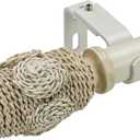 White Farmhouse Curtain Rod 72 to 144": Adjustable Heavy Duty Curtain Rod for Windows 68 to 140", Boho Decorative Window Treatment Rod with Woven Rope Finials