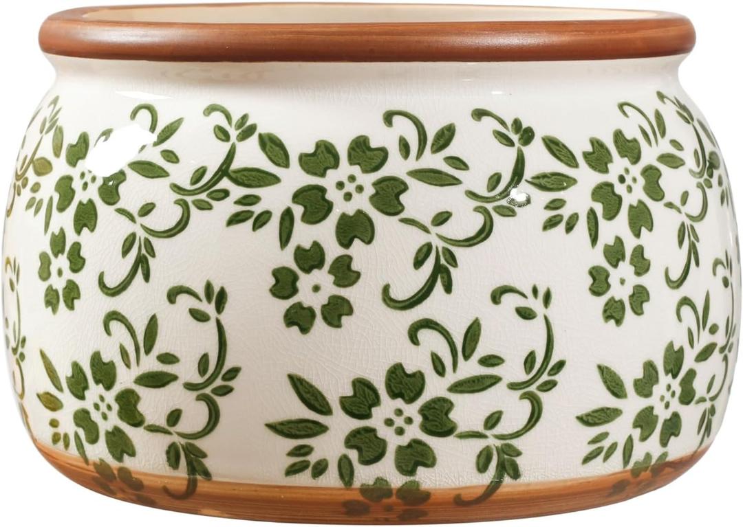 Vintage Ceramic Flower Pot - Indoor Outdoor Planters with Drainage Holes & Filter Screen, 9 Large Rustic Farmhouse Decorative Plant Pots for Garden/Patio/Balcony (Green Vines, Large)