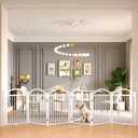 BHG Metal No-Assembly Freestanding Dog Gate with Door Walk Through, Extra Wide 144", Extra Tall 32" Pet Gate, Accordion Puppy Folding Playpen Dog Fence for Indoor & Outdoor, with 2PCS Support