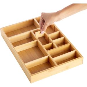 Juvale Bamboo Drawer Organizer Tray with 8 Adjustable Dividers for Kitchen Utensils, Cutlery (14 x 10 x 2 In)