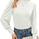 Qirno Womens Mock Neck Puff Long Sleeve Tops Casual Loose Solid Basic T Shirt Button Cuffs Pullovers Shirts Blouse (Medium)