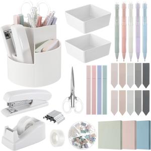 Kosiz 27 Pcs Black White Desk Accessories Gift for Aesthetic Desk Organizer Neutral Office Supplies Pen Holder Stapler Binder Sticky Notes Paper Clips Scissor Staples for Women (Fashion)