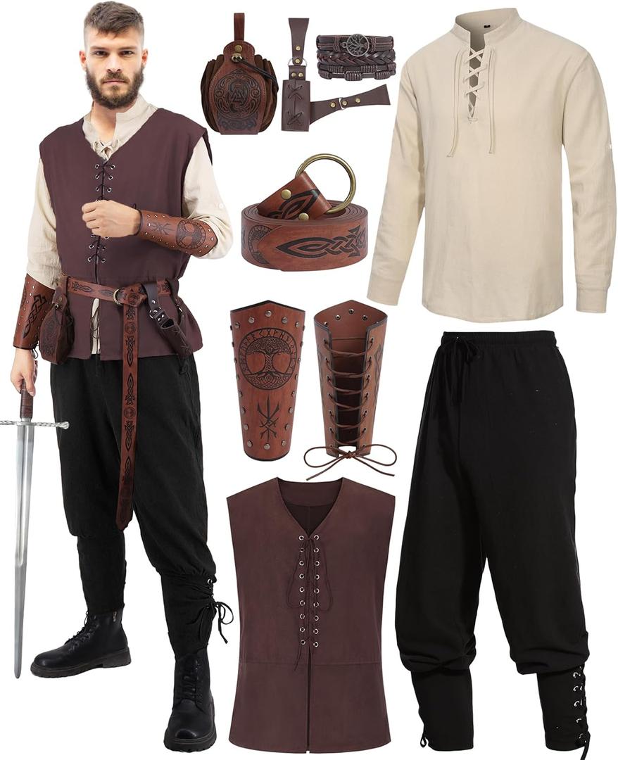 Oumbivil 9 Pcs Mens Renaissance Costumes Medieval Pirate Set Adult Halloween Costume Shirt Viking Vest Pants with Accessories (Small, Coffee)