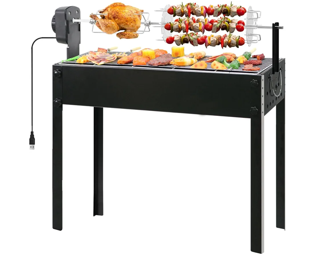 BESTHLS Barbecue Charcoal Grill with Electric Rotisserie Meat Forks & 6-Piece Skewer Set for Outdoor Cooking Camping Hiking Picnics Tailgating Backpacking or Any Outdoor Event