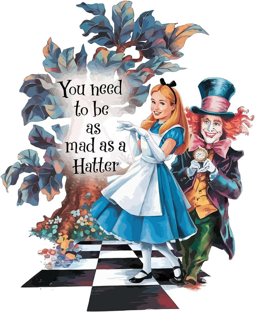Alice and Friends in Fantasy World Mad Hatter Cheshire Cat Alice in Wonderland Adventurous Creative Minimalist Cartoon Girls Boys Kid Room Design Nursery Fun Home Vinyl Decoration Size (18x20 inch)