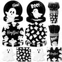 Halloween Paper Plates and Napkins, 60Pcs Black Ghost Plates and Napkins Cute Boo Ghost Tableware Set for Halloween Birthday Party Decorations Boo Baby Shower Party Supplies (Black)