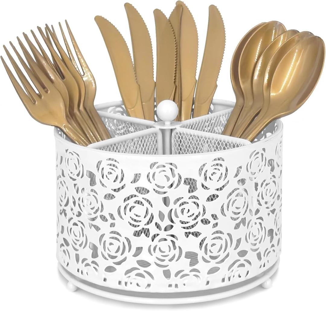 DysanVica 360 Rotating Metal Silverware Caddy - 4 Compartment Utensil Cutlery Holder Fork Spoon Napkin Organizer Flatware Storage Basket Party Countertop Buffet Picnic Camping Outdoor (White)