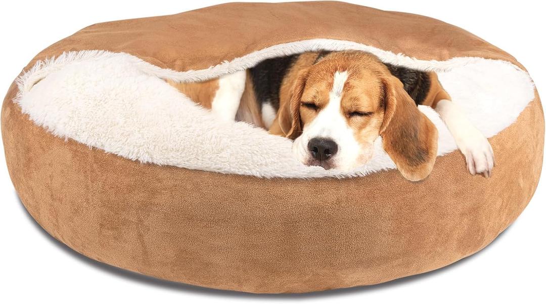 Pet Soft Small Dog Bed Cat Bed with Cover Cave - Round Calming Dog Beds Washable Cuddler Puppy Beds for Small, Medium Dogs and Cats (Khaki, 30")