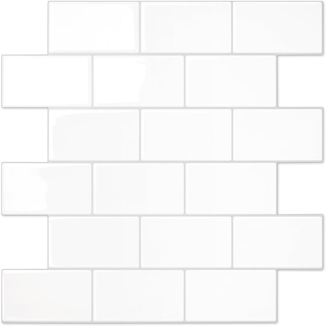 STICKGOO Peel and Stick Backsplash Subway Tiles, 10 Sheets of 12" x 12" - 3D Adhesive Peel and Stick Tile Backsplash for Kitchen, Bathroom, Wall Tile (Thicker Design, Bright White)