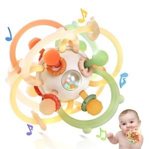 Baby Sensory Teething Toys, Baby Montessori Teether Toys for 0 3 6 9 12 18 Months, Silicone Tummy Time Toy with Rattle Ball for Newborn Infant, Learning Delopmental Gift for Boys Girls, Brown