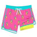 Cozople Compression Swim Shorts for Boys Vintage Pink Seahorse Graphic Swim Trunks Size 10 UPF Anti Chafe Bathing Suits with Boxer Brief Liner, 9-10 Years