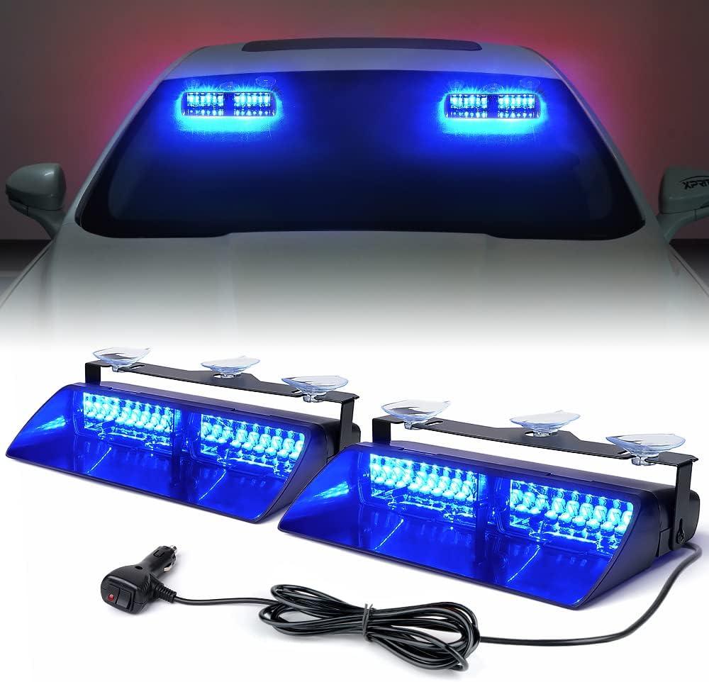 Xprite 211 inch High Intensity Blue 32 LED Emergency Strobe Dash Lights, Interior Windshield Flashing Police Light w/Suction Cups for Police Law Enforcement POV Vehicles Trucks