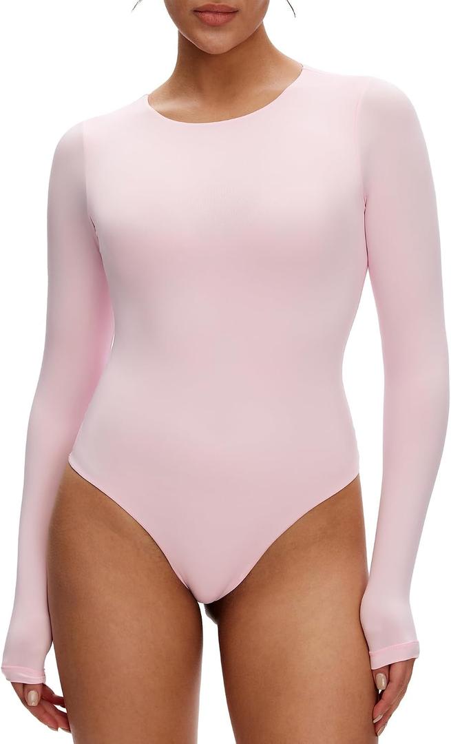 NANJI Long Sleeve Bodysuit for Women - Slim Fit Crew Neck Thong Body Suit, Stretch Double Lined Snap Tops, Casual Going Out (S)