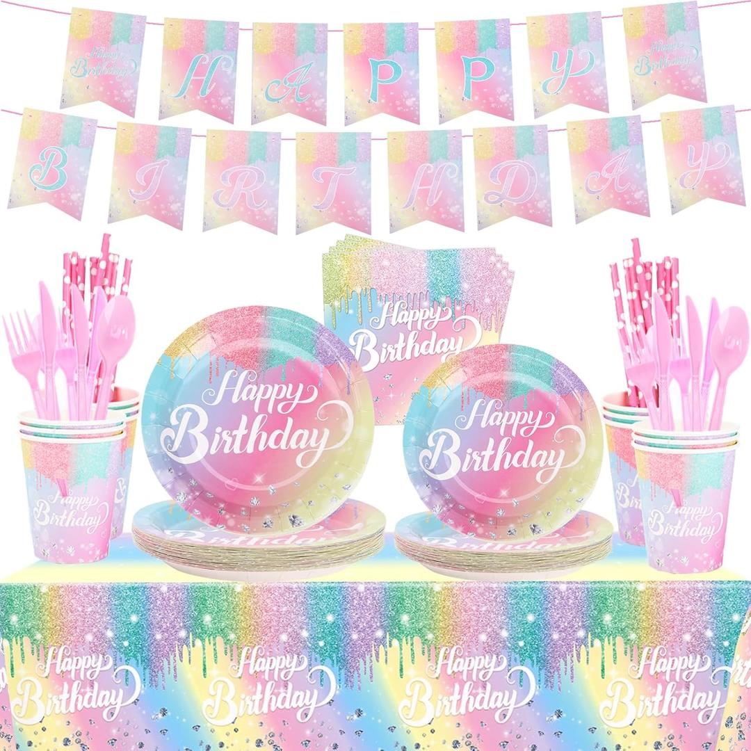 Rainbow Birthday Disposable Dinnerware Sets,Pink Birthday Party Supplies Plates Glitter Diamond Plates,Rose Gold Disposable Tableware Sets Girls Party Plates with Tablecloth Cup Banner Serve 24