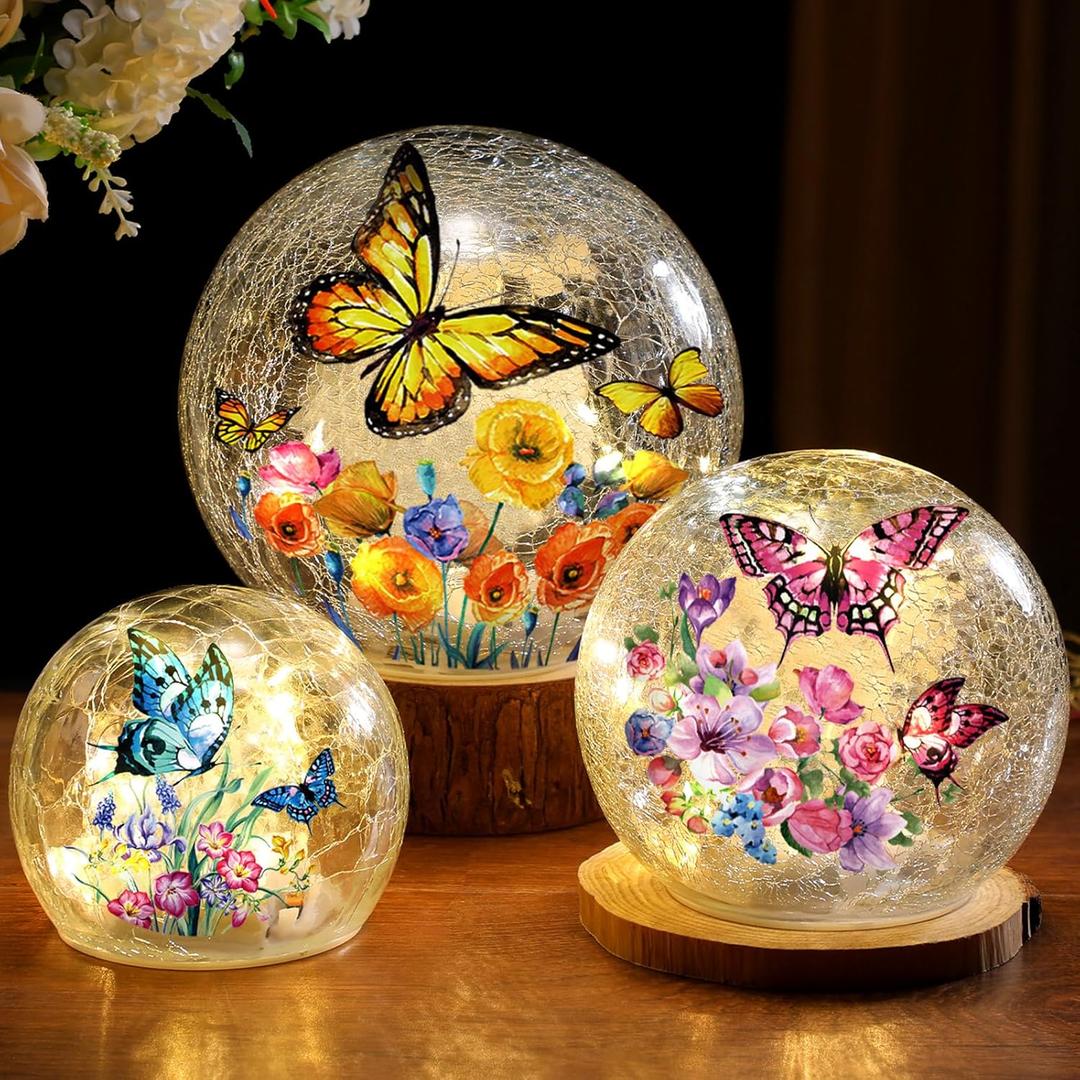 3pcs Spring Crackle Glass Ball Lights - Butterfly Ball Lamp Ornaments Indoor Globes Decorations LED Night Tabletop Decorative Sphere Lamp for Home Decor