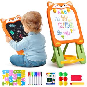 Joycat Adjustable Standing Toddler Art Easel with educatinal Accessories for Kid,4-in-1 Double-Sided Magnetic Chalkboard&Whiteboard,Dry Eraser Board,Detachable&Portable,Ideal Birthday Gift for 2-4,FOX
