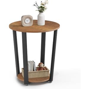 VASAGLE Round Side End Table, 2-Tier Accent Bedside Table with Storage Shelf, Easy Assembly, Nightstand for Small Spaces, Living Room, Bedroom, Honey Brown and Ink Black ULET057KB01S, 19.7"Dia. x 22.4"H