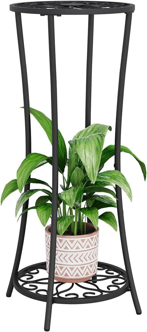 YINMIT Plant Stand Indoor Outdoor, 2 Tier Metal Potted Holder Rack, Flower Pot Stand Shelf, Heavy Duty Round Supports Rack, Corner Plant Shelf for Balcony Garden Patio Living Room (Black-Iron) (29.9 In-Height)