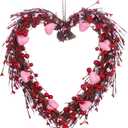 VioletEverGarden Valentines Day Wreath,15 Heart Shaped Wreath with Red Berries and Small Pink Hearts for Valentines Day Wedding Festival Decor