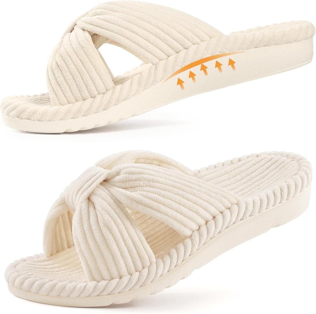 Litfun Orthopedic House Slippers for Women Arch Support Cross Bow Indoor Slippers Corduroy Bedroom Shoes Open Toe Slip On, Beige 40