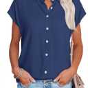 Womens Work Blouses Cap Sleeve Button Down Tops V Neck Collared Casual Business Plain Basic Summer Shirts (X-Large, Blue)
