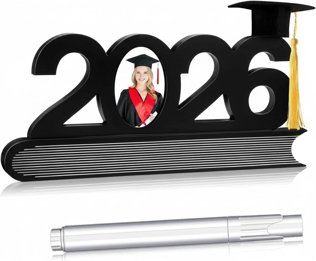 2 x Capoda 2026 Graduation Signature Picture Frame Wooden DIY Graduation Photo Frame with White Ink Marker and Mini Grad Hat Class of 2026 Gifts for Boys Girls Son Daughter