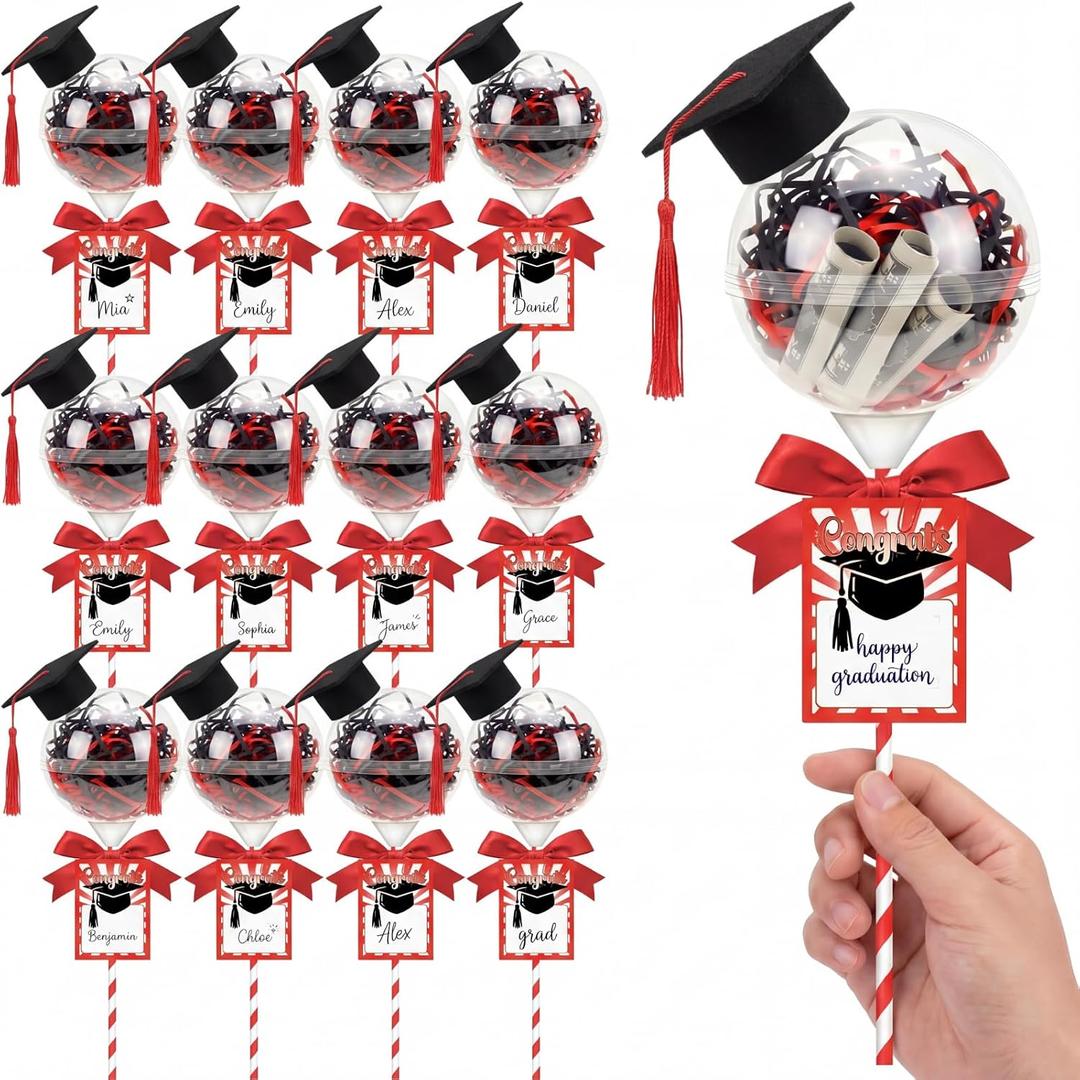 Gersoniel 12 Sets 2026 Graduation Party Favors for Guests 18 oz Graduation Cap Candy Container Class of 2026 DIY Grad Gift Money Box Jar with Congrats Card for Table Centerpiece Decor(Red & Black)