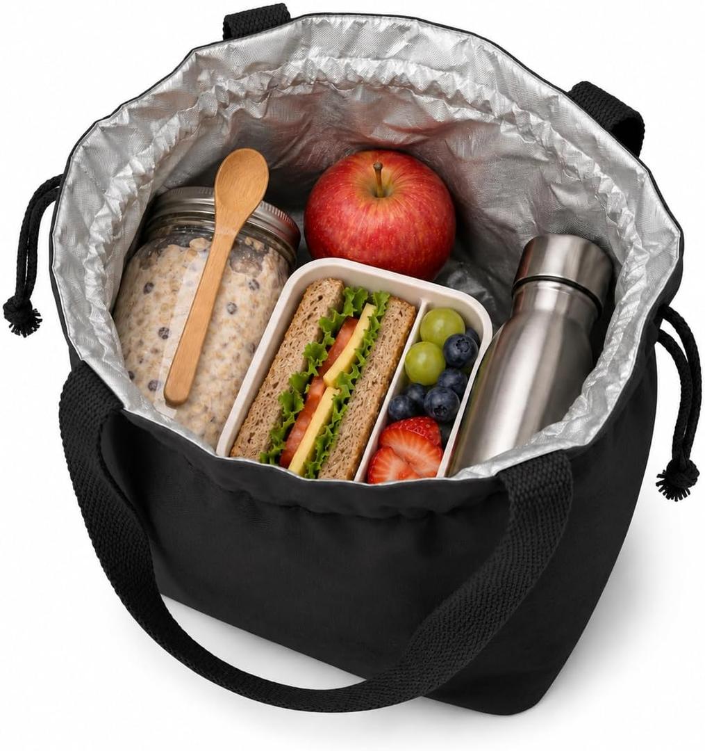 Reusable Lunch Bag - Cute Canvas Tote with Handle and Drawstring Closure for Work, Picnic, Travel (black)