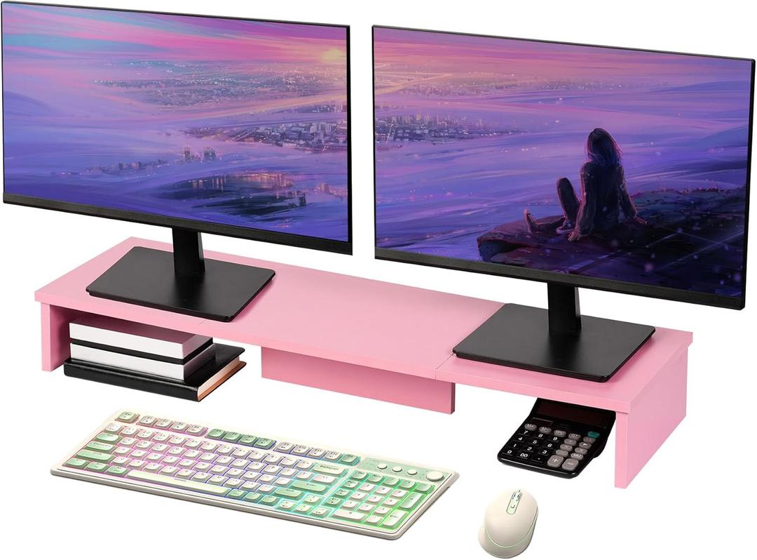 Dual Monitor Stand Riser, Large Computer Monitor Stand for Desk, Monitor Riser for 2 Monitors, Wood Desk Shelf for Top of Desk, Desktop Organizer for Computer, Laptop, Printer, TV, Pink (35.8" Pink)