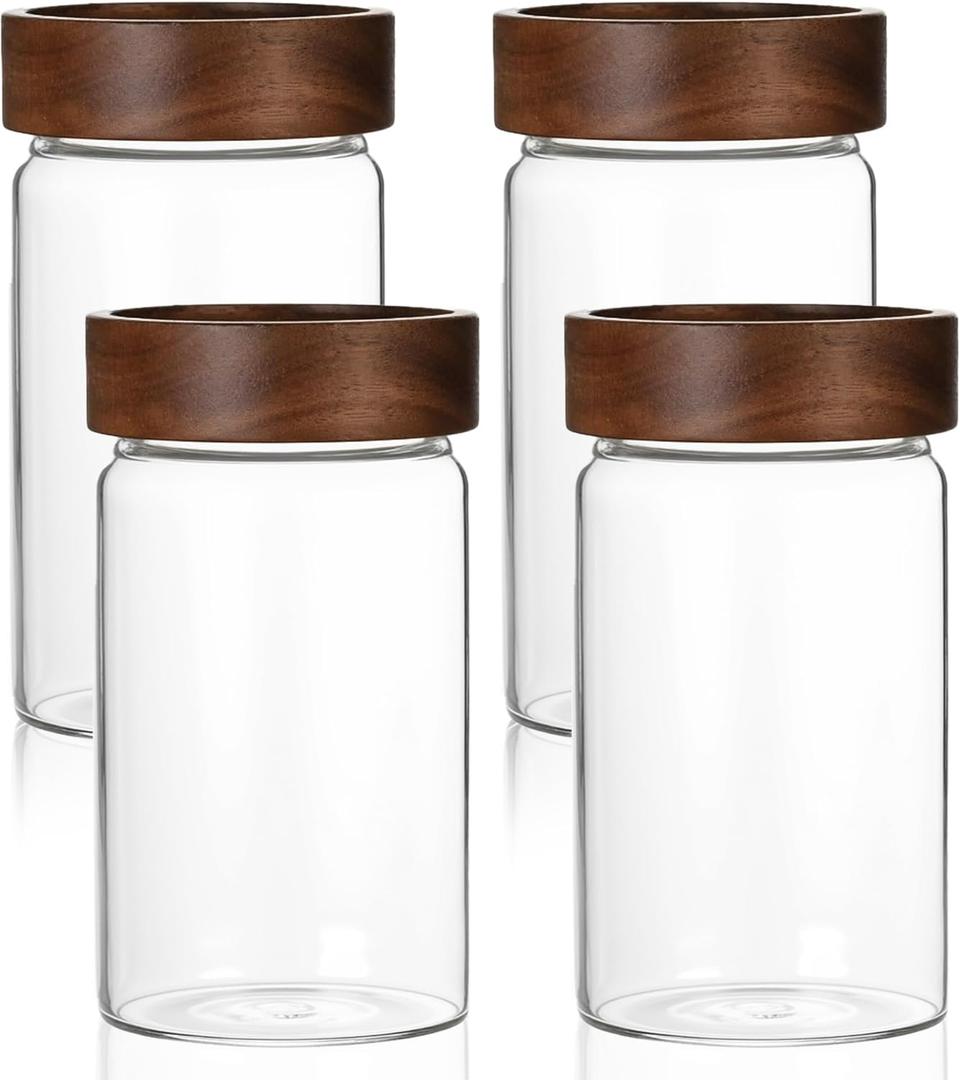 26 oz/850 ml Clear Glass Storage Canister with Airtight Wooden Lid, Small Overnight Oats Containers, Cute Decorative Salad Jar for Snacks Yogurt Spice Sugar Cereal Fruit Coffee Tea -4 Pack
