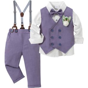 YALLET Toddler Baby Boy Clothes Suit Gentleman Wedding Outfits, Formal Dress Shirt+Bowtie+Vest+Boutonniere+Suspender Pants (7-8 Years, V Light Purple)