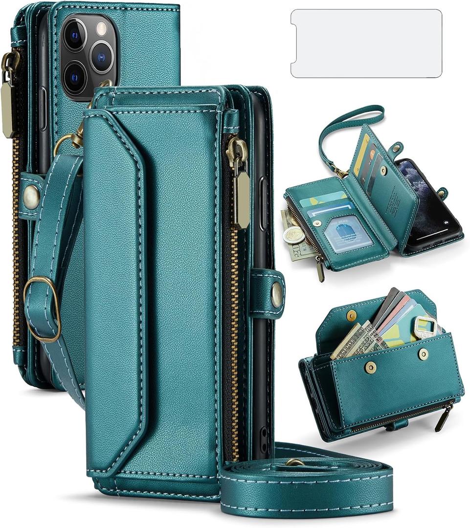 Asuwish Phone Case for iPhone 11 Pro Max 6.5 Zipper Wallet Cover with Tempered Glass Screen Protector and Leather Flip RFID Blocking Card Holder Cell iPhone11 11pro Promax i XI Plus Women Girls Green