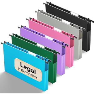 Plastic Legal Size Hanging File Folders,Heavy Duty 1 Inch Expansion with Adjustable Tabs,12 Pack Reinforced Legal Expandable Hanging Folders,Filing Cabinet Folder for Bulky Files-Colorfu