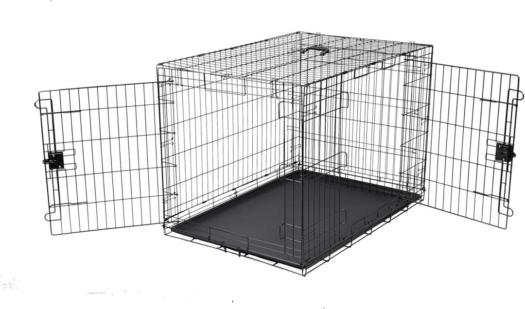 Amazon Basics Portable, Collapsible Metal Wire Dog Crate with Removable Tray, Double Door, Easy to Assemble, Divider Panel for Large Dogs, 42" x 28" x 30", Black
