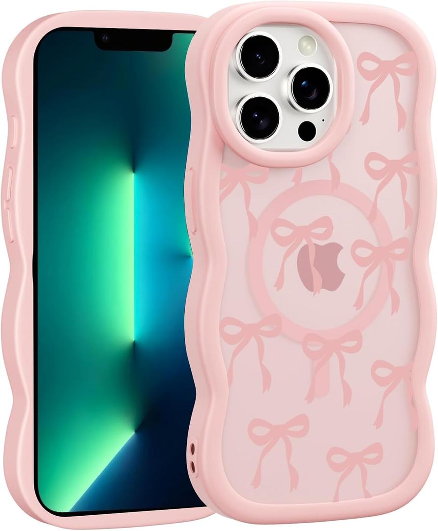 Cute Black Bow Phone Case for iPhone 14 Pro 6.1", Compatible with MagSafe, Aesthetic Ribbon Bowknot Pattern Print Case Curly Wavy Design Magnetic Women Girls Cover Shockproof Silicone Funda