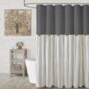 Farmhouse Shower Curtain Linen Grey Button Woven Fabric Country Rustic Western, Pleated Grey Stripe 72" W x 72" L