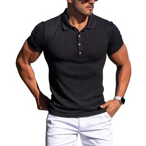 Collared Muscle Polo Shirts Men Slim Fit Textured Knit Polo Shirts Short Sleeve Button Down Shirts Casual Stylish (Black, L)