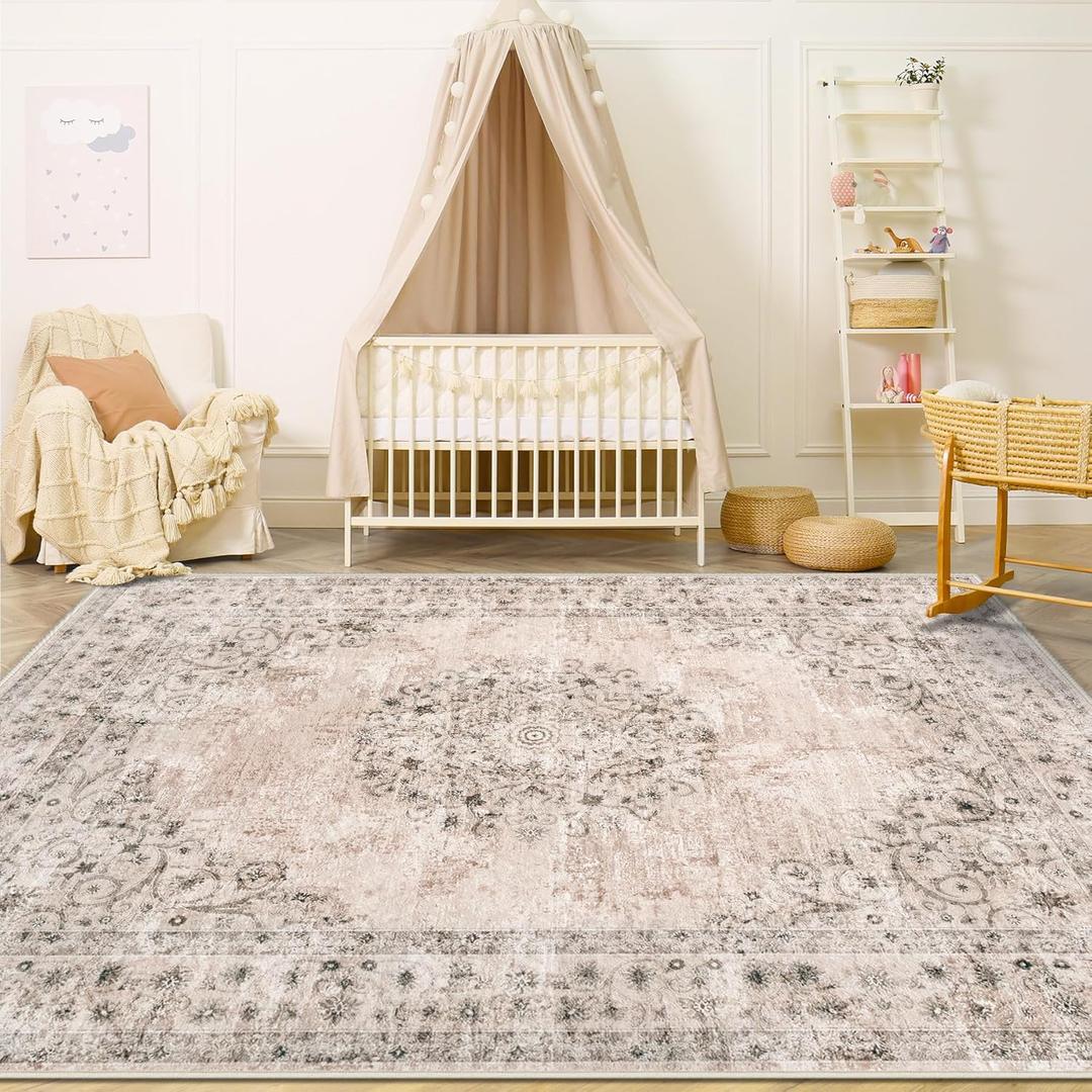 Area Rug 4x6 Vintage Rug: Washable Indoor Medallion Rugs Low Pile Distressed Floor Carpet Retro Accent Rug for Living Room Bedroom Kitchen Dining Table Home Office(Distressed Brown, 4'x6')