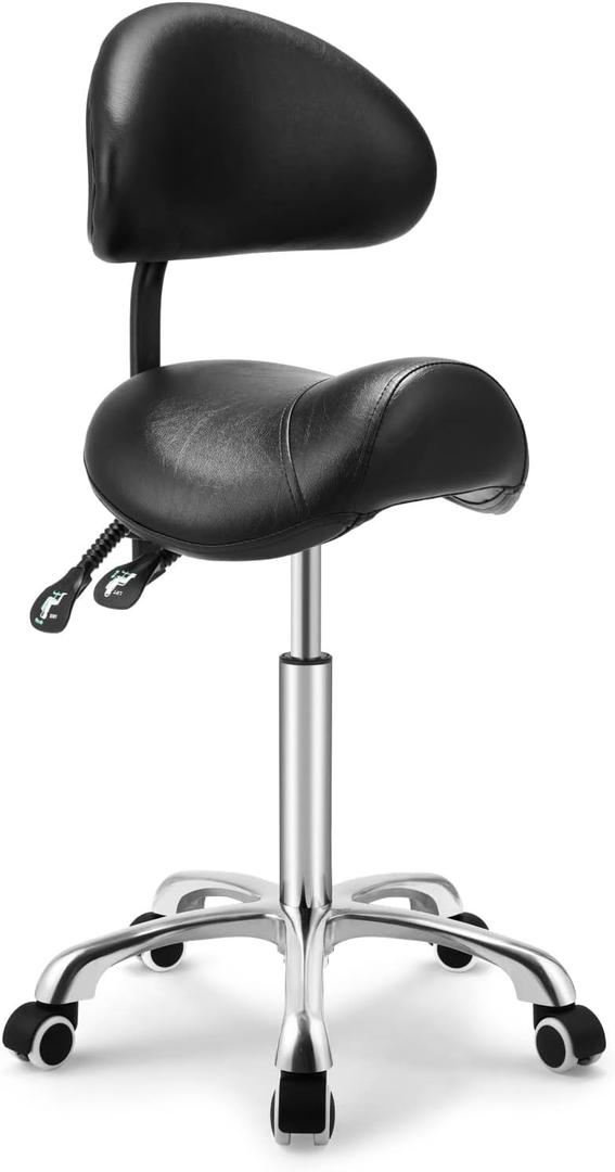 Kaleurrier Saddle Stool Rolling Swivel Height Adjustable with Wheels,Heavy Duty Anti-Fatigue Ergonomic Saddle Chair for Hair Beauty Salon Lab Dental Massage Office Home Kitchen(with Back, Black)