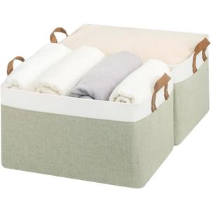StorageWorks Storage Bins, Fabric Storage Bins for Shelves, Extra Large Storage Baskets with Metal Frame, Closet Baskets and Bins with Handles, Jumbo, Green and White, 2-Pack