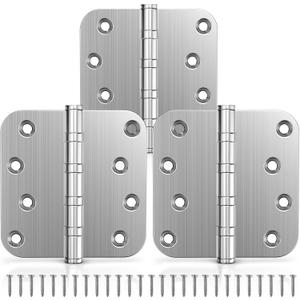 KOLET Ball Bearing Door Hinges, 4 x 4 Inches Door Hinges, Heavy Duty Stainless Steel Hinges, 5/8'' Radius Corner, Smooth and Quiet, Non Removable Pin, Brushed Nickel, 3 Pack