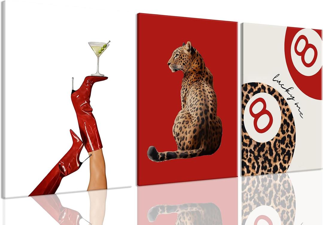 3Pcs Trendy Cheetah Wall Art Leopard Canvas Prints Framed Pictures Funky Lucky 8 Ball Red Posters Decor Paintings Aesthetic Y2k for Girly Bedroom Apartment Dorm Bathroom Living Room, 12"x16"