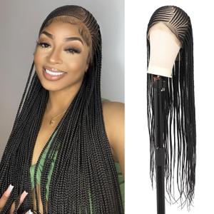 Brinbea 36" 13X8 HD Lace Front Cornrow Braided Wigs for Women Lemonade Box Braid Wig with Baby Hair Synthetic Hair Black Braided Lace Front Wigs