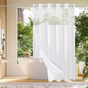 Gibelle Extra Long Shower Curtain 76x60, Waffle Weave Bathroom Shower Curtain with Snap-in Fabric Liner Set, No Hooks Needed, Hotel Style with Mesh Top Window, White