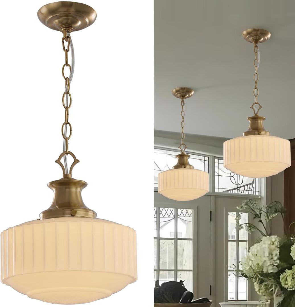 Vintage Milk Glass Pendant Light, 10.6" White Pleated Glass Chandelier, Brass Pendant Lights Kitchen Island Light Fixtures, for Dining Room, Hallway, Bar Counter, Foyer, E26 Bulb Included, 10.6In