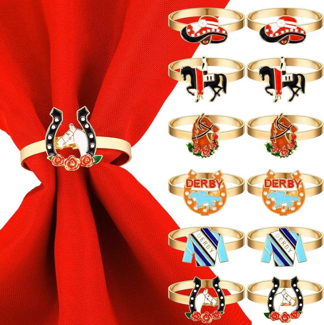 Landical 12 Pcs Derby Napkin Rings Set Metal Derby Horseshoe Ring Enamel Race Horse Riding Suit Napkin Holder Buckles Rose Horse Race Day Table Decoration Party Table Place Settings Supplies
