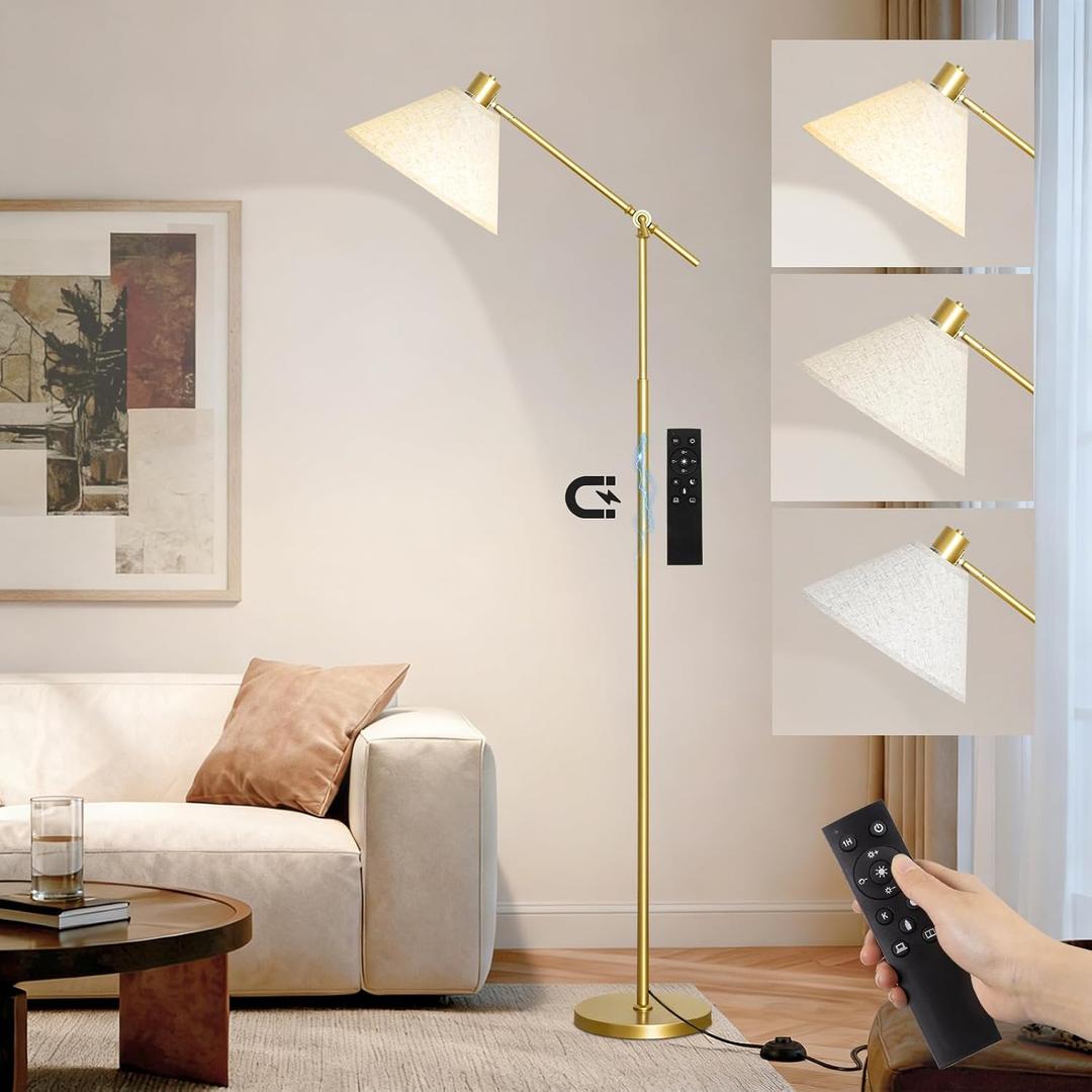 Remote Floor Lamp for Living Room and Bedroom - Modern Tall Standing Lamps with Led Blub and Dimmable Light - Gold Arc Stand Lights with Shade for Home Decor, Office, Reading and Corner